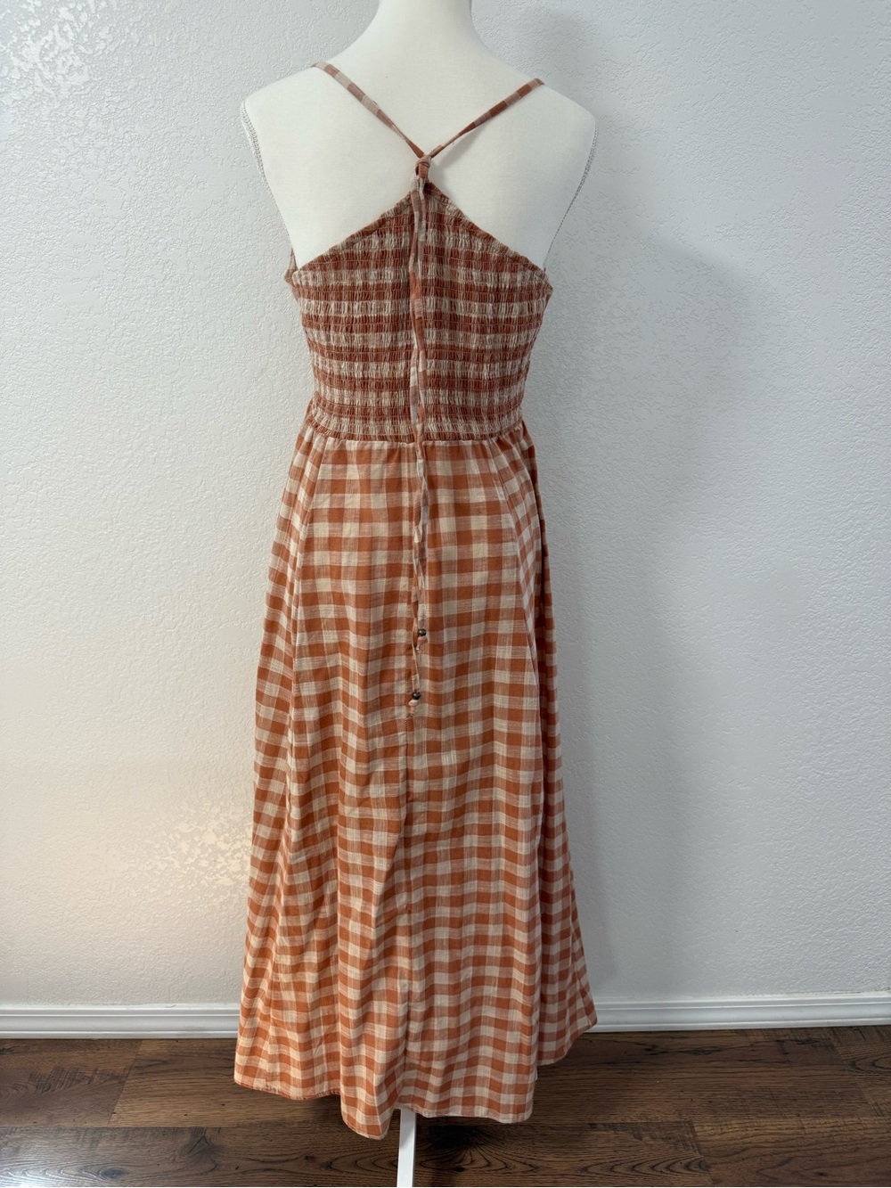 ANGIE  Rust and Cream Plaid Maxi Dress with Front Tie V-Neck Button Cotton M. - Picture 7 of 13